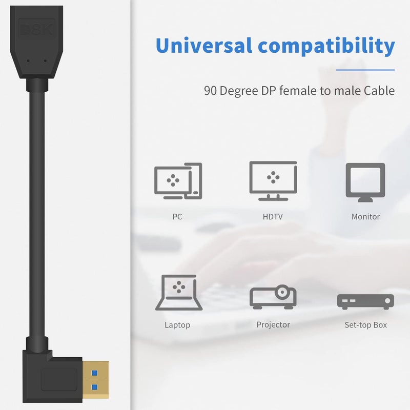 Poyiccot Right Angle Displayport 1.4 Cable, 90 Degree Displayport Extension Cable (8K/60Hz, 4k/144Hz), 32.4Gbps Short Display Port Male to Female DP 1.4 Cable Cord for PC, Laptop, 15cm (Pack of 2) - Image 4
